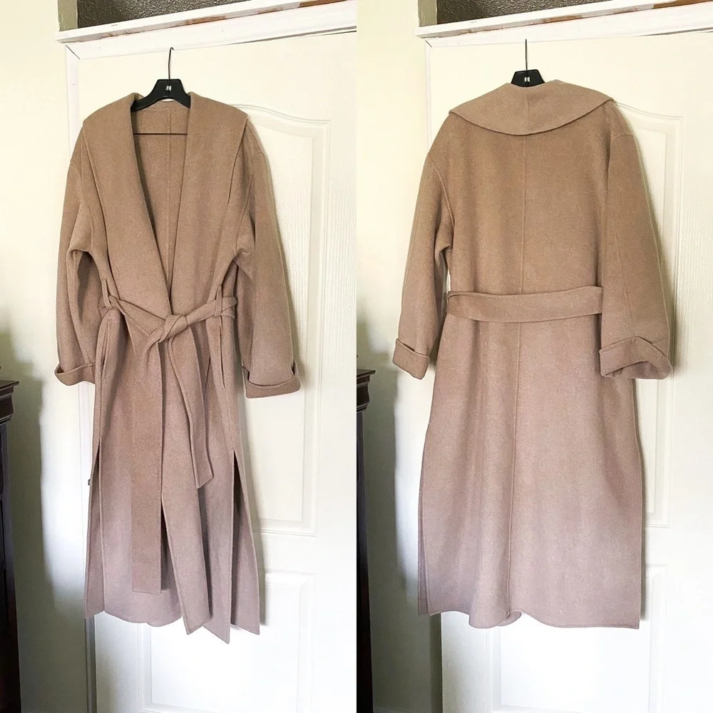 By Malene Birger Coat Trullem Belted Wool Shawl Grey Brown Melange 40 EUC - Picture 2 of 13
